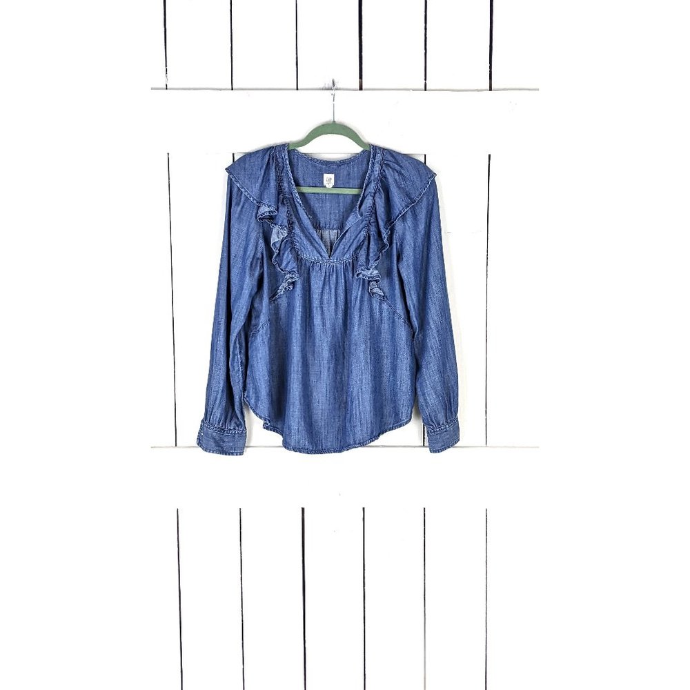 GAP lightweight blue lyocell jean long sleeve ruffle blouse top